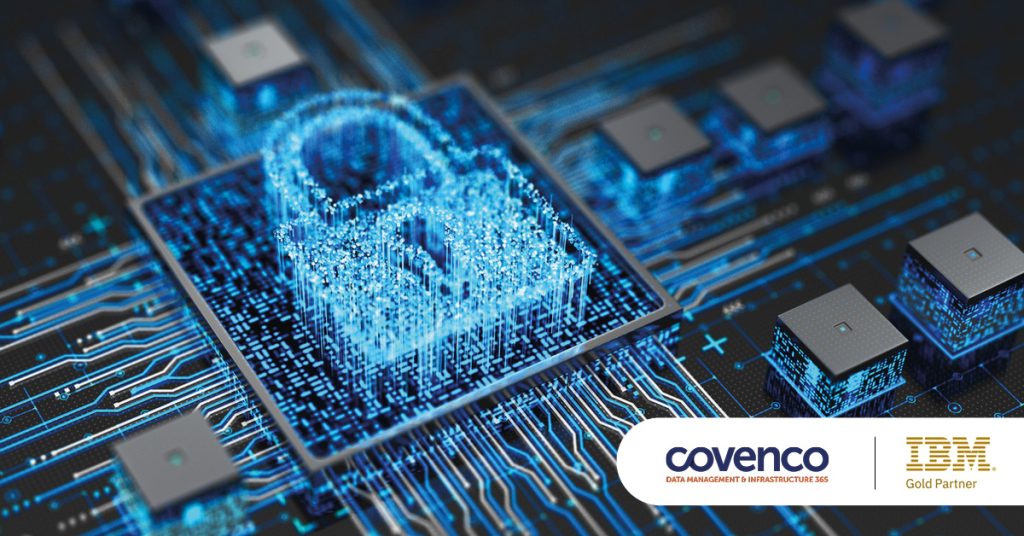Main: Cybersecurity concept with a digital padlock protecting computer chips. Inset: Covenco and IBM Gold Partner logos.